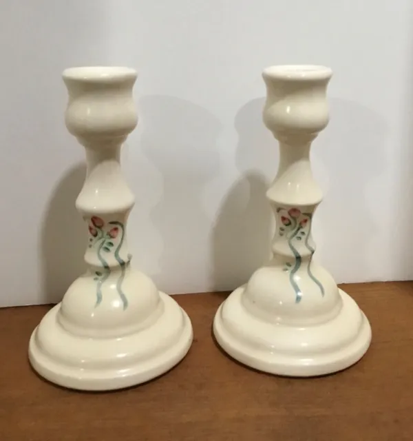 Pair of Ceramic Candlesticks W/Small Painted Pink Flowers and Blue Ribbon