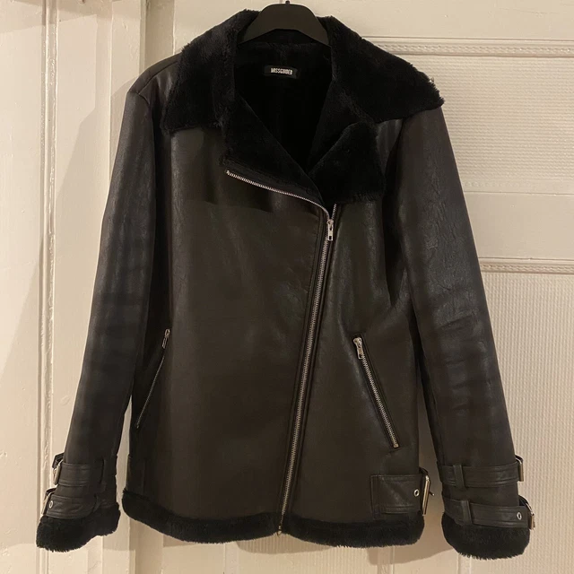 MISSGUIDED BLACK AVIATOR jacket leather look faux fur lining zip