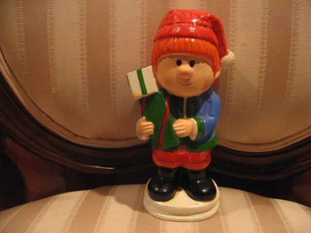 Vintage Christmas Statue Figurine Young Boy w/Santa Hat Carrying Presents-Japan