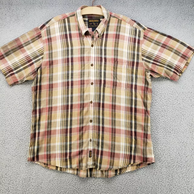 Woolrich Shirt Mens XL Plaid Button Up Front Brown Tan Blue Red Short Sleeve