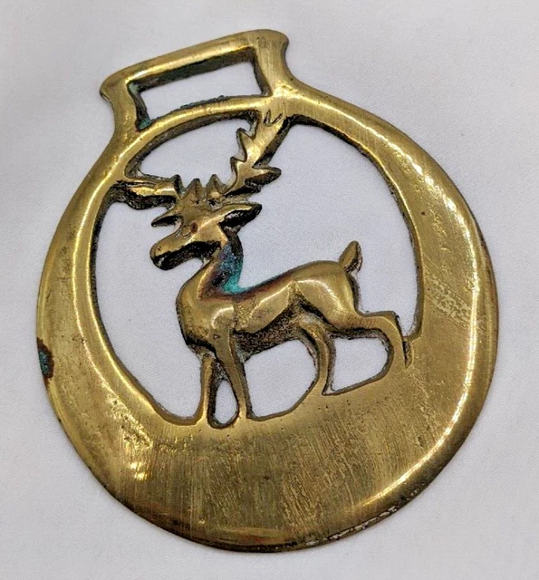 Brass Horse Medallion Vintage English Deer Stag Buck Crescent Parade Show Tack