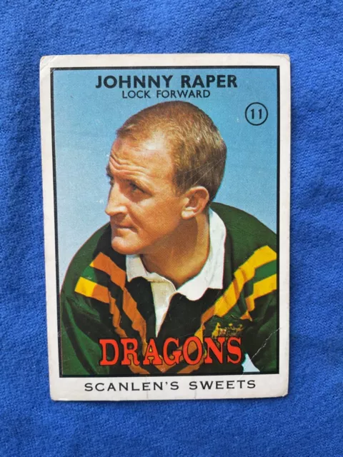 1968b Scanlens Rugby League B series, FOOTY card #11 Johnny Raper DRAGONS.