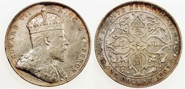 1907 Silver Coin One Dollar Straits Settlement Malaya Edward VII of England XF++