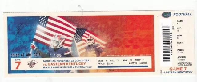 2014 Florida Gators Vs Eastern Kentucky Ticket Stub 11/22 College Football