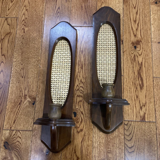 Vintage long wood and Wicker wall sconce candle holder Homco home interiors Pair