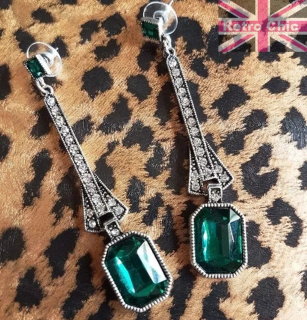 Art Deco Geometric Large Drop Earrings Green Crystal Vintage Style Jewellery UK