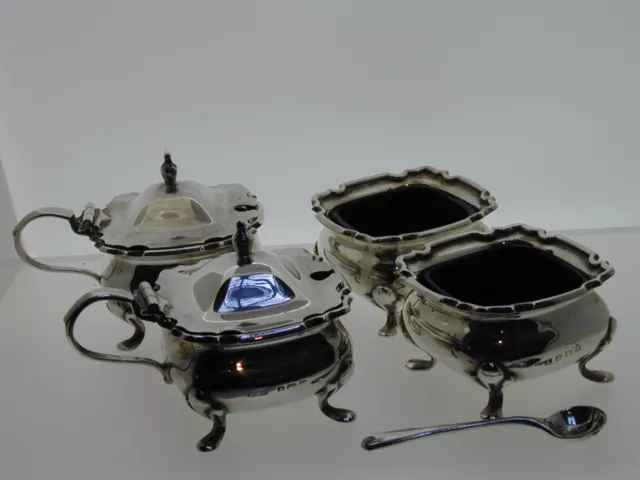 Silver cruet set blue glass mustard salt 1 spoon 1917 E S Barnsley & Co 253.3g