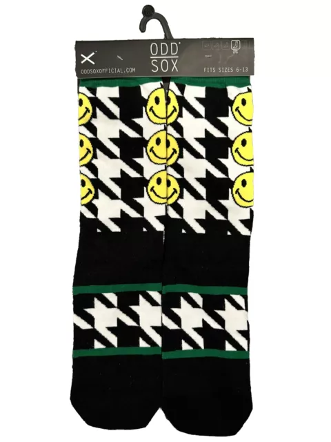 Odd Sox Official Smiley Face Wht/Blk/Grn Novelty Crew Socks Men’s Size 6-13