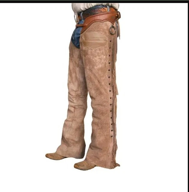 WESTERN COWBOY CHAPS Fringe Brown Suede Leather Pant Rodeo Riding
