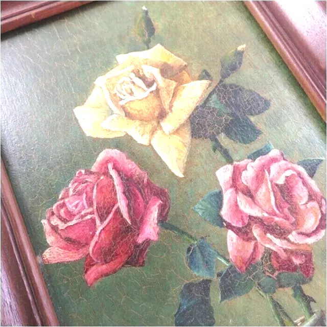 Tableau peinture sur bois fleur rose doré