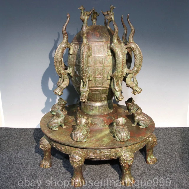 26" Rare Ancient Chinese Bronze Ware Dynasty Phoenix Nine Dragon Seismograph