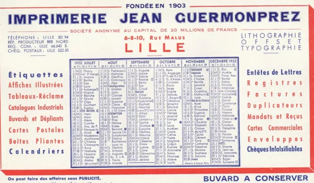 J95 BUVARD Imprimerie Jean GUERMONPREZ 2ème Semestre 1952 a FACHES THUMESNIL