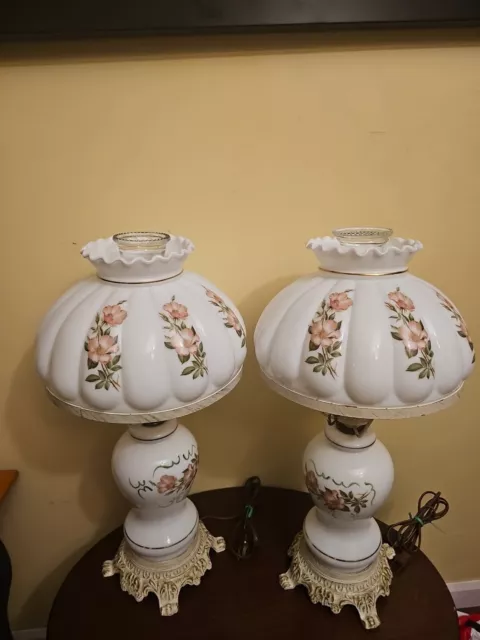 Set Of 2 Rare Vintage Hurricane Floral Lamp Gorgeous 21.5" Tall