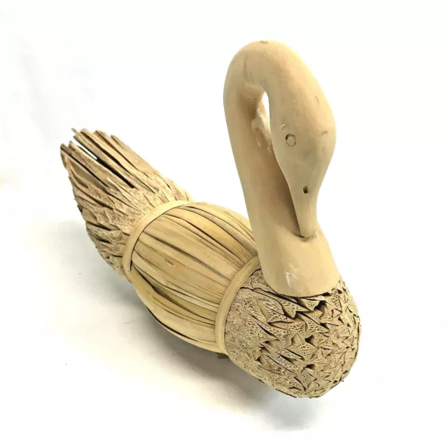 Vintage Corn Husk, Reed, Swan Duck Decoy, Hand Carved Wooden Head