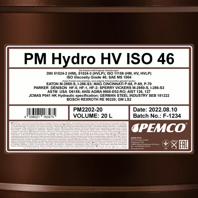 20 (1x20) litres PEMCO Hydro HV ISO 46 HVLP 46 huile hydraulique 2