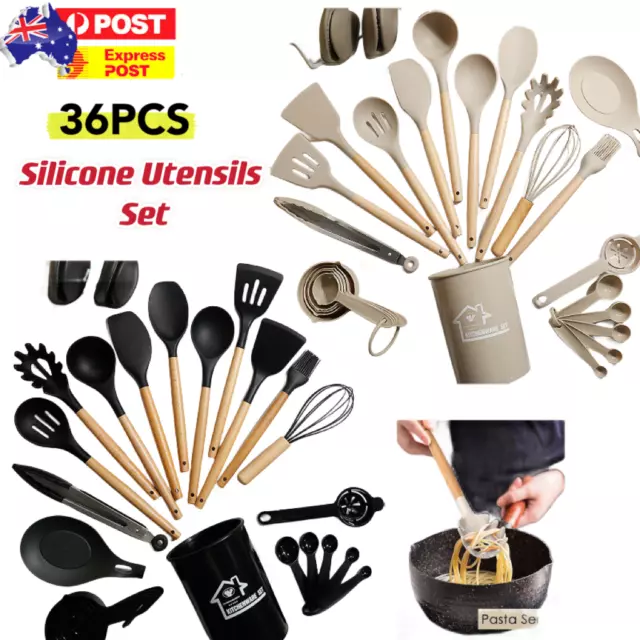 Set of 36 Silicone Utensils Set Wooden Cooking Kitchen Baking Cookware Gift