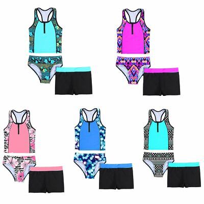 Kids Girls Tankini Swimsuit Printed Swim Top Shorts Bottom 3pcs Set Bathing Suit