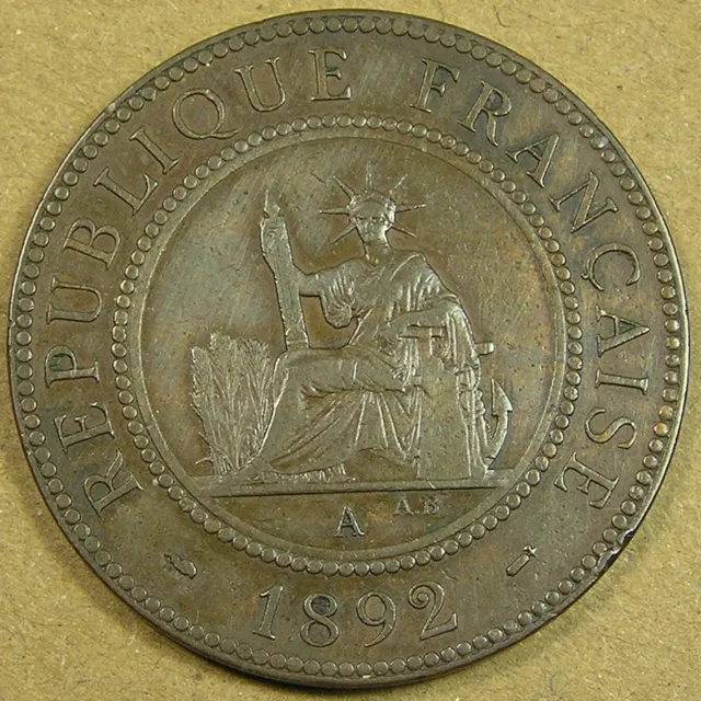 1892-A French Indo-China 1 Cent Bronze Coin, KM-1, 31 mm 9.91 grams