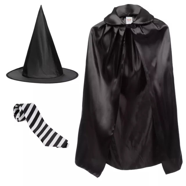 Children's Black Witch Hat Cape And Black & White Stripe Tie World Book Day Fun