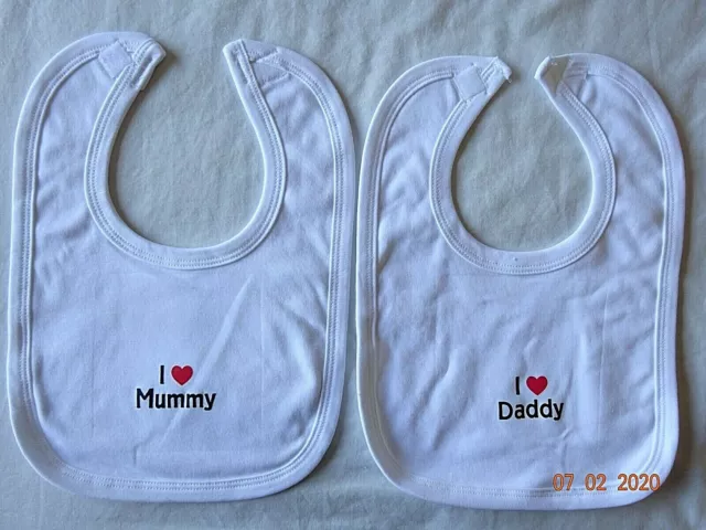 Boys Girls CUTE Bib Cotton I Love my DADDY/MUMMY Baby Feeding White Bib