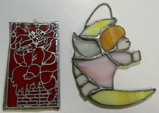 Handcrafted Leaded Stained Slag Glass Santa & Angel w/ Moon Ornaments Excellent