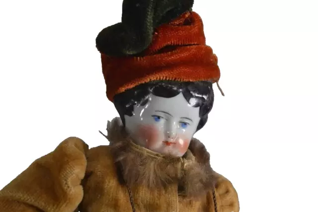 antique doll china shoulder head 9 in original fur trim clothes 19th original