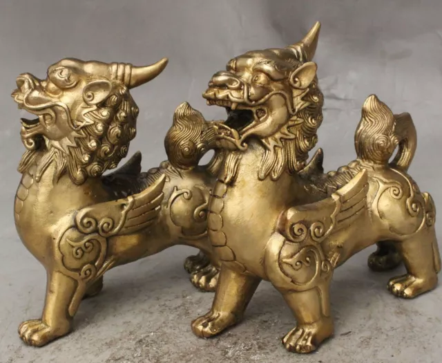 14cm FengShui Brass Guardian Wealth Unicorn PiXiu Pair old Statue ~Wish U Wealth