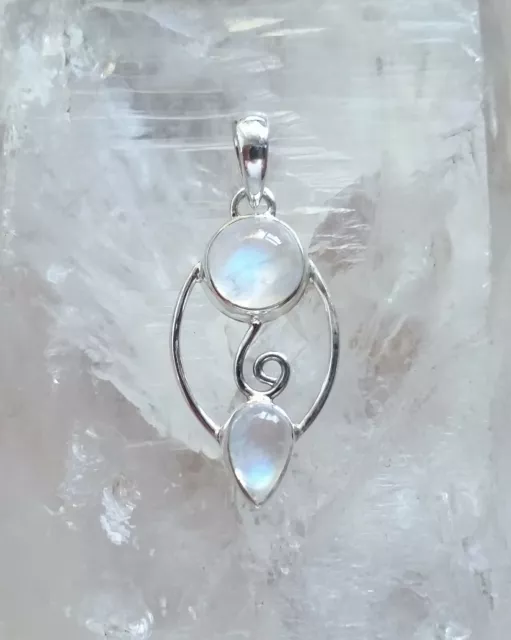 498 Rainbow Moonstone Solid 925 Sterling Silver Twin Gem Spiral Pendant rrp$70
