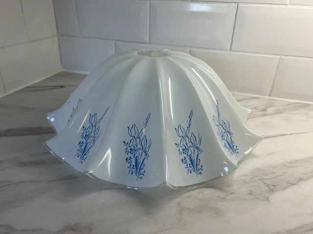 Vintage Light Shade Ceiling White Glass Blue Printed Iris Flowers 1960s