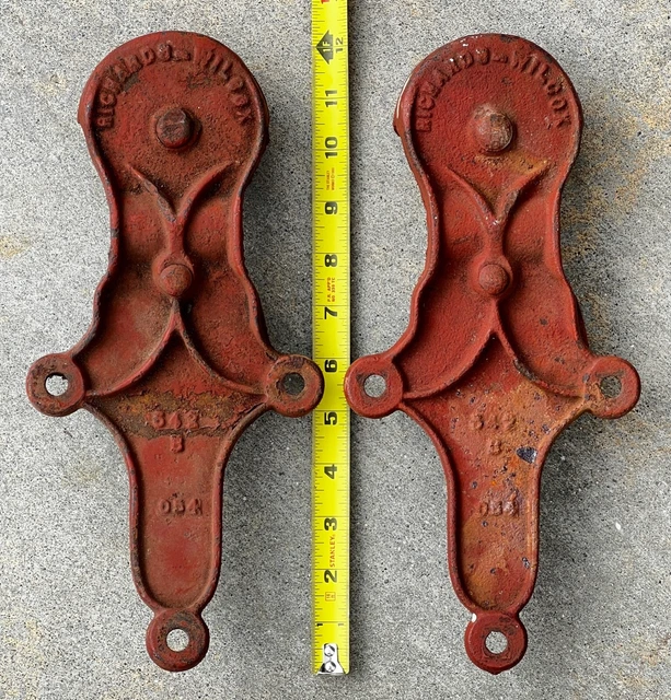ANTIQUE BARN DOOR ROLLERS, Vtg Old Cast Iron Hanger Pair Hardware DAMAGED