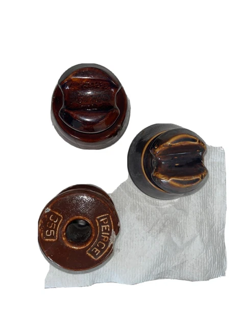 3 Vintage Power Line Electrical Porcelain Ceramic Brown Insulators. 2 Saddle.