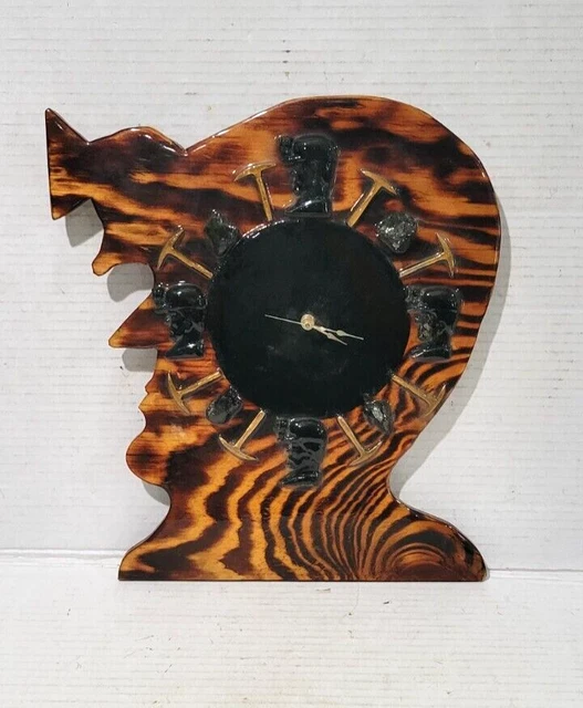 16" H Vtg Wooden Coal Miners Helmet Design Hanging Wall Clock