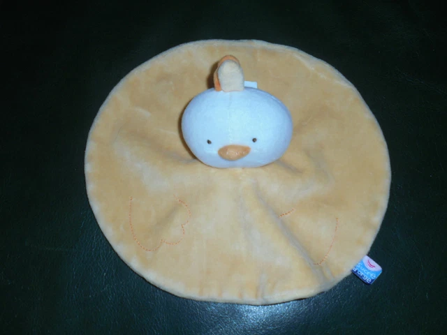 Doudou Plat Rond Sucre d'Orge Canard Oiseau Jaune et Blanc