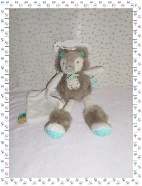 ¶ - Doudou Peluche Ours Frisounours Blanc Taupe Bleu/Vert Mouchoir Baby Nat