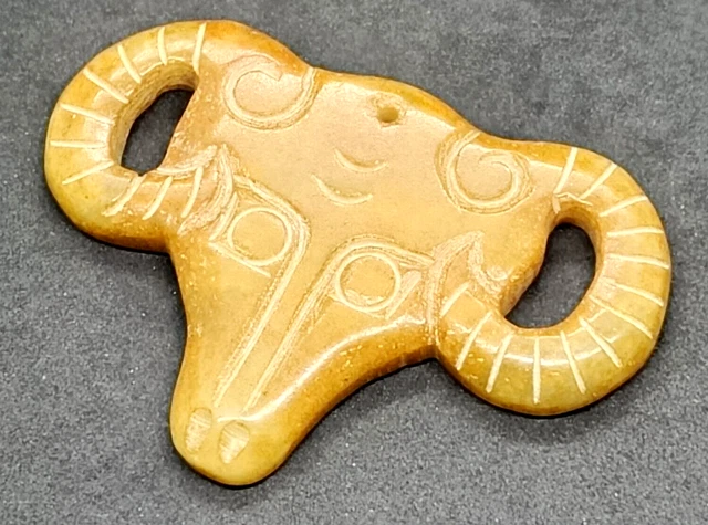 Antique Pendant Sculpture of Old Hetian Jade Ram Hongshan Culture