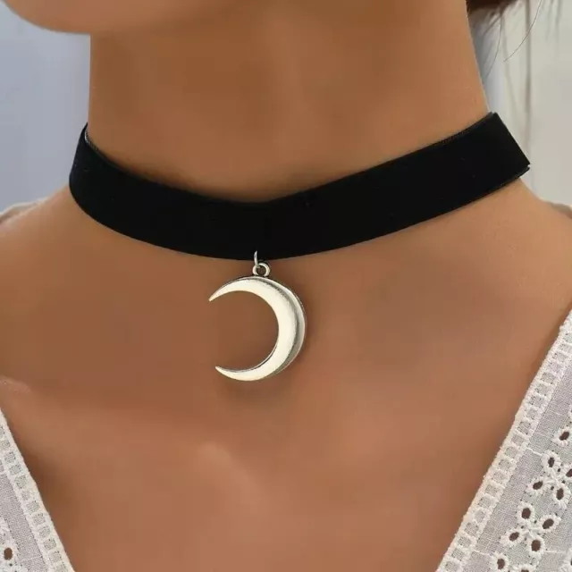 Gargantilla Bohemia Forma Luna Creciente Cuello Colgante Erciopelo Negro Mujer