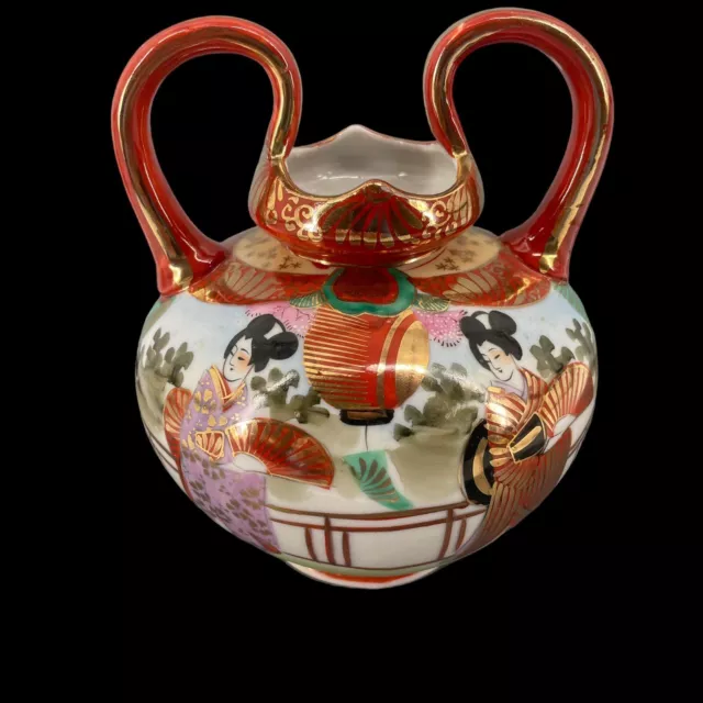Vintage Japanese Round Ceramic Vase Geishas Pagoda Scenery 2 Handle Handpainted