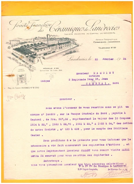 LANDRECIES (59) USINE de CARREAUX de CERAMIQUES / Lettre en 1924