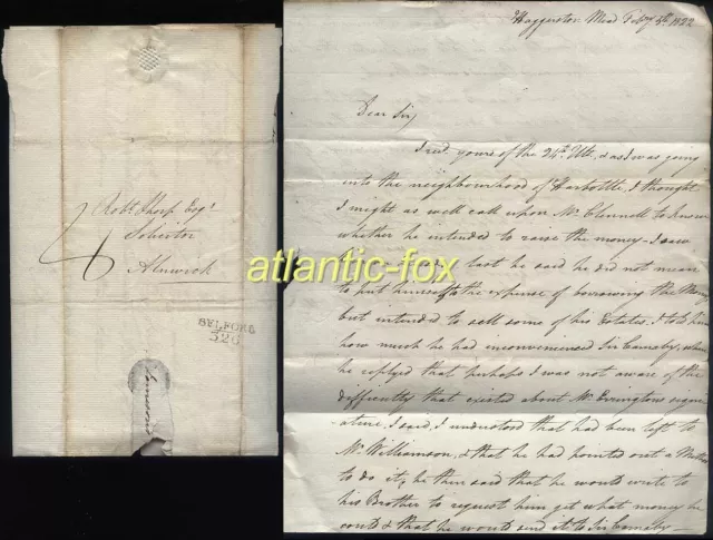 1822 BELFORD p/m Letter Haggerston Mead from  William Johnson to  Alnwick