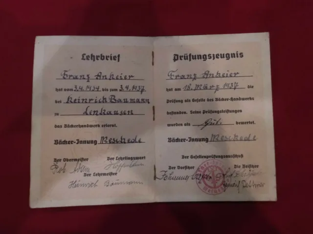 Lehrbrief Bäcker-Innung Prüfungszeugnis Meschede März 1938