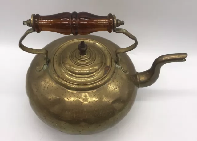 Victorian Brass Teapot Blown Glass Handle/Galvanized/British/Marked With A Sun. 2