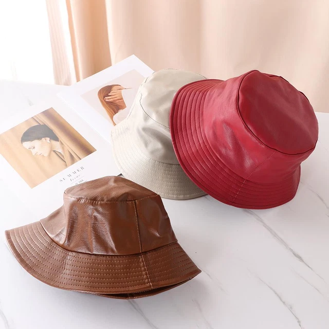 Chapeau Seau En Simili Cuir Noir - Taille Unique, Large Bord, Tendance