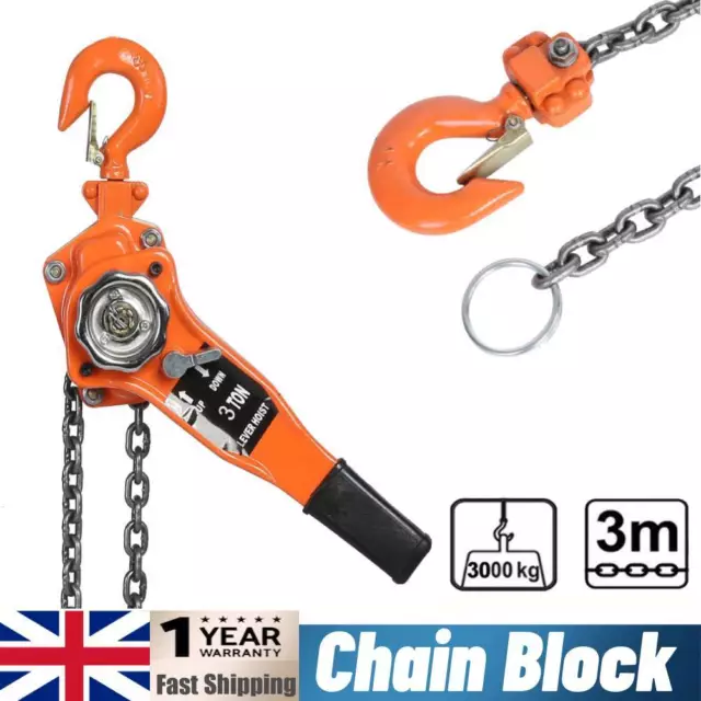 3 Ton Block and Tackle Chain Hoist Ratchet 3M Chain Lifting Pulley 3000KG Lift