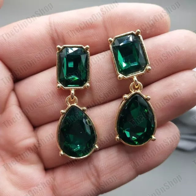 CLIP ON 4cm EARRINGS vintage teardrop GREEN&GOLD CRYSTAL DROPS glass rhinestone