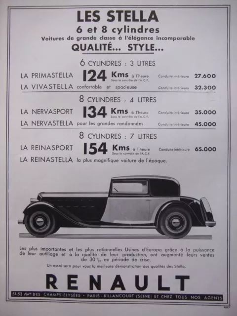 Publicité 1933 Renault Les Stella 6 Et 8 Cylindres 3 - 4- 7 Litres - Advertising