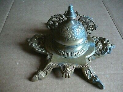 Antique Vintage Solid Brass Ornate Victorian Style Single Pot Inkwell Ink Stand