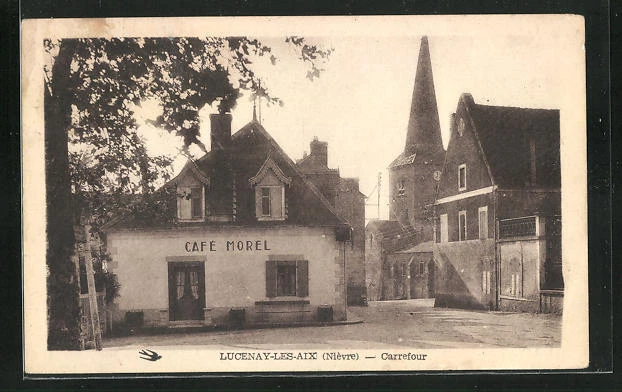 CPA Lucenay-les-Aix, Carrefour, vue partielle avec Café Morel 1956