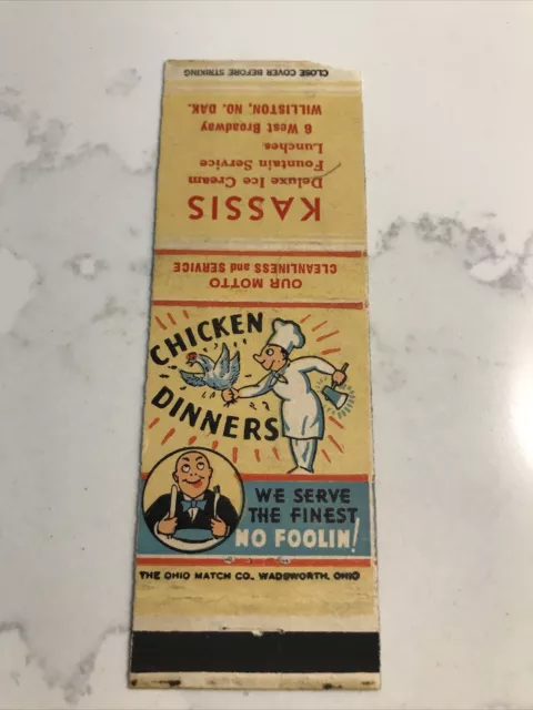 Kassis Restaurant Chicken Dinners Vintage Matchbook Cover Williston North Dakota