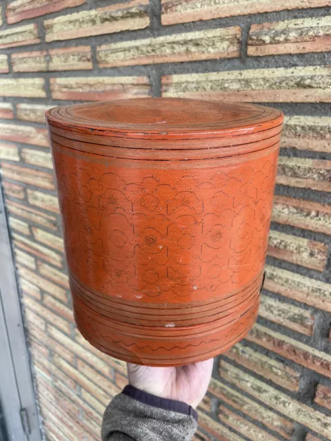 Burmese Asian Red Lacquer Hand Painted Betel Box RARE ANTIQUE 3