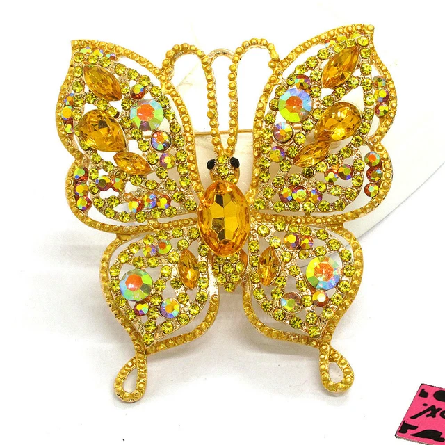New Yellow Bling Rhinestone Flower Butterfly Fashion Women Charm Brooch Pin